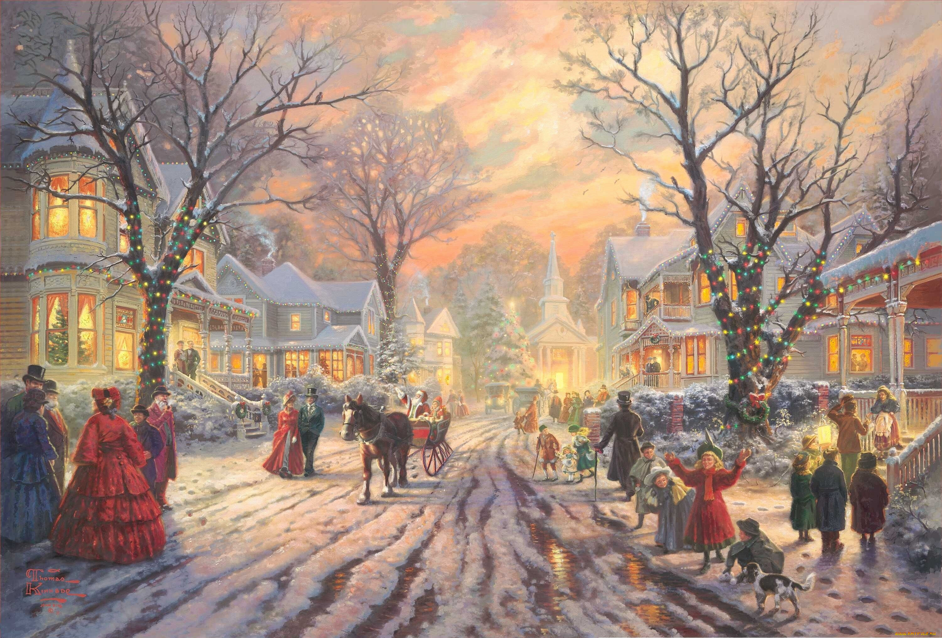 Обои Thomas Kinkade Рисованное Thomas Kinkade, обои для рабочего стола,  фотографии thomas, kinkade, рисованные, лошадь, рождество, зима, дома,  люди, иллюминация, деревья, дети, сани Обои для рабочего стола, скачать  обои картинки заставки на